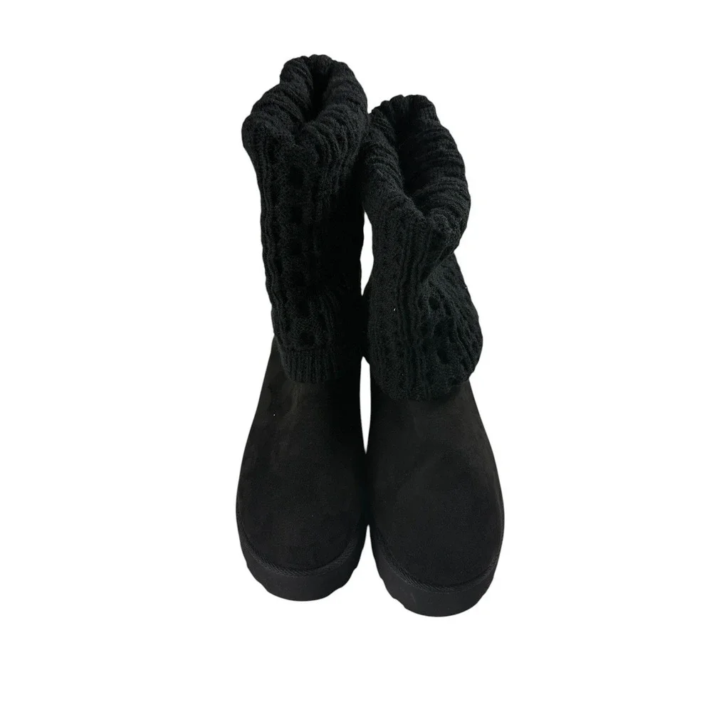 Sugar Womens Black Cable Knit Tall Platform Boots Faux Fur Lined Size 9.5 M